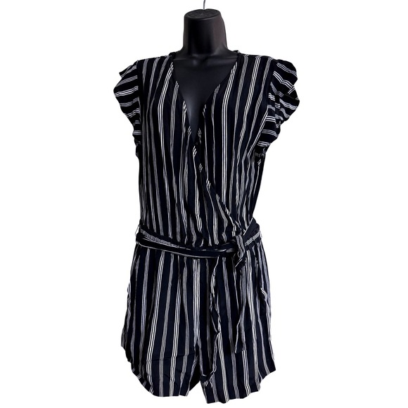LOFT Pants - Loft Womens Black White Striped Ruffle Wrap Romper Sleeveless Size S